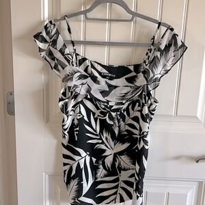 Express Black and White Tropical Floral Off the Shoulder Ruffle Blouse